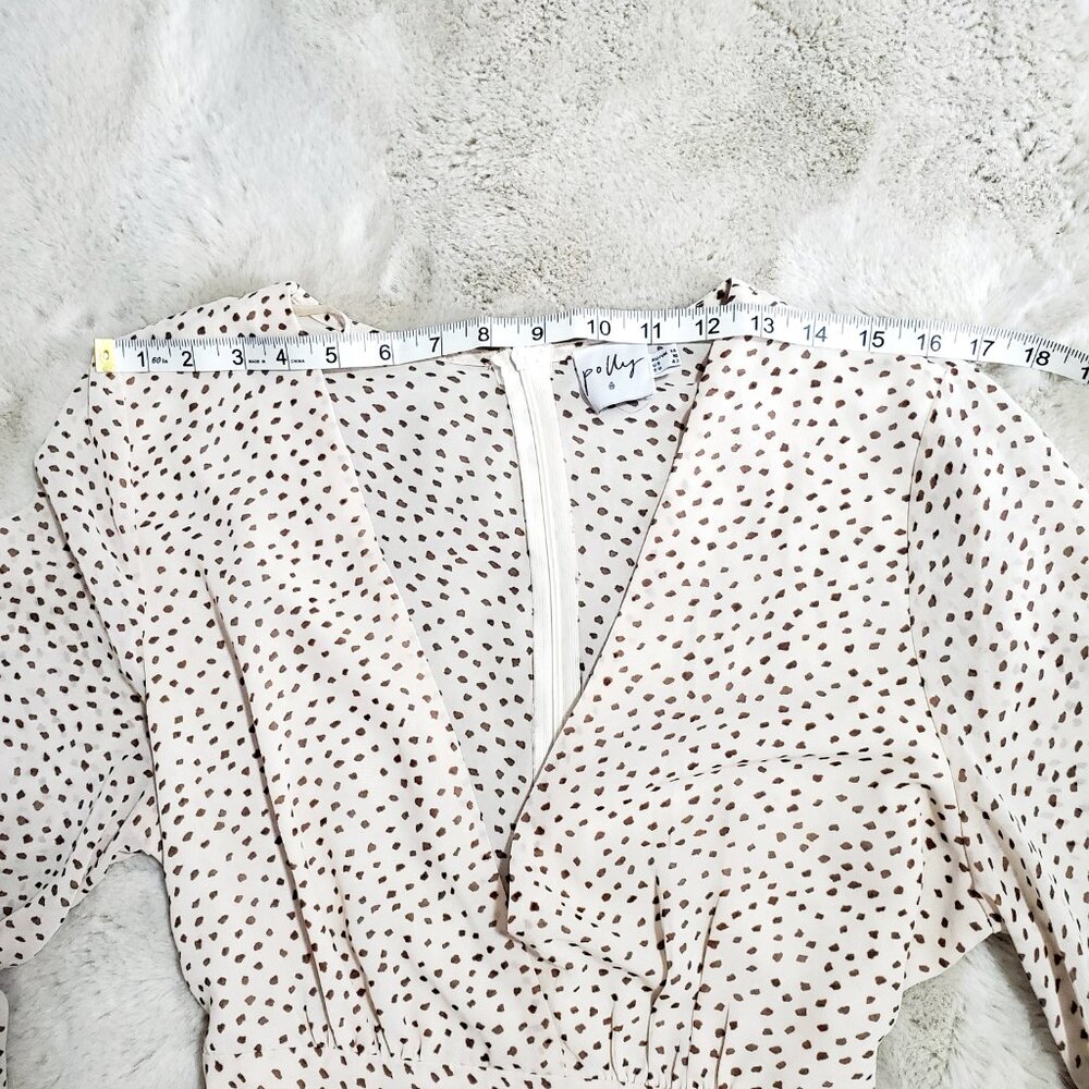 Polly Cream Polka Dot Wrap Romper Dress Sz US 10 Boho Ruffle Mini Tie Waist - Picture 10 of 11